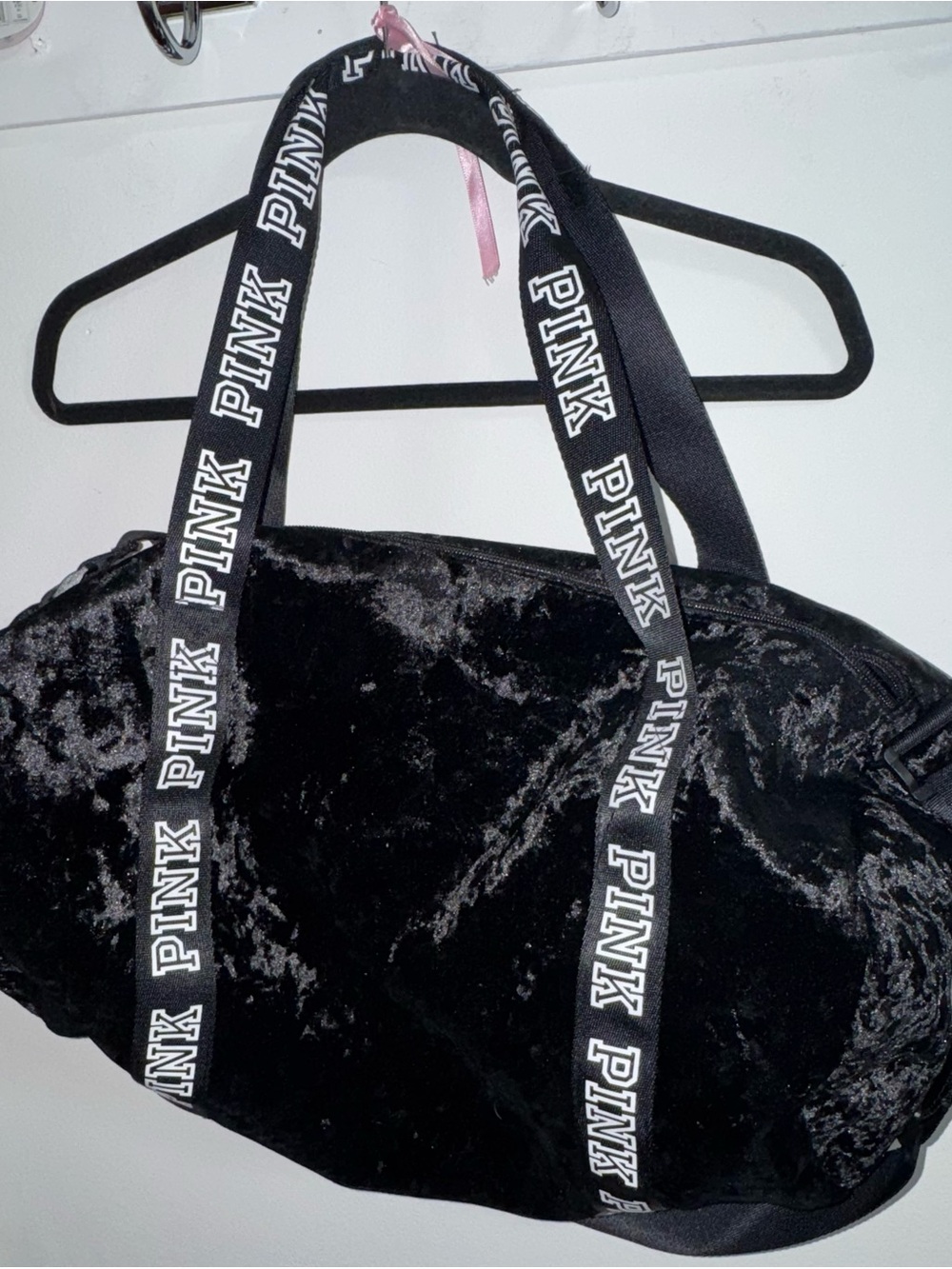 PINK Victoria's Secret Black Plush duffel bag with Branded Straps
